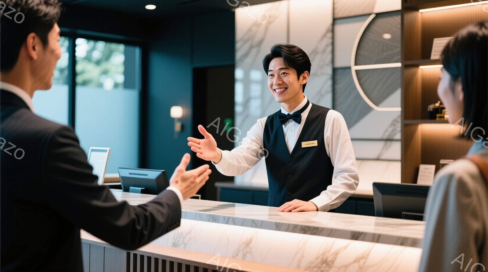 レセプションカウンターに立つ男性は、黒いベストと白いシャツ、そして蝶ネクタイを着用しており、笑顔で両手を広げて誰かに何かを説明しているようだ。カウンターは白とグレーの大理石調で、背景には抽象的なデザイ - AI生成フリー素材
