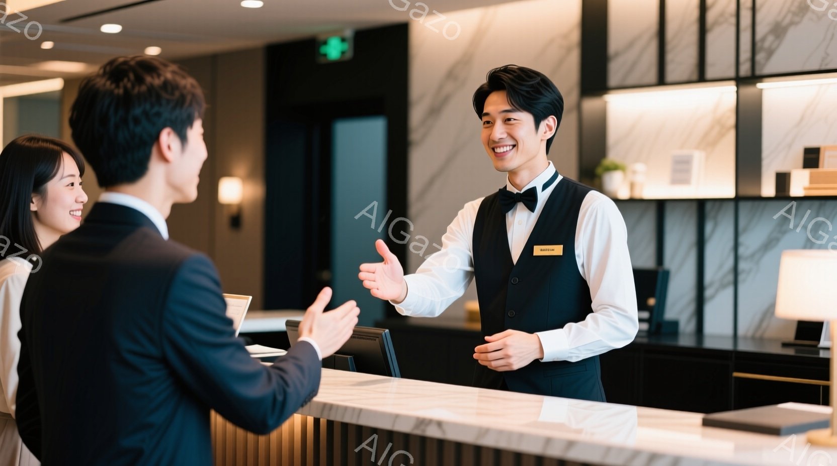 フロントデスクで、黒いスーツとベスト、白いシャツを着た男性スタッフが笑顔で両手を広げ、お客様を迎えている様子が伺える。背景には大理石調の壁と照明があり、上品で洗練されたホテルのロビーであることがわかる。女性客も笑顔でスタッフの方を向いており、全体的に歓迎ムードにあふれた穏やかな雰囲気である。