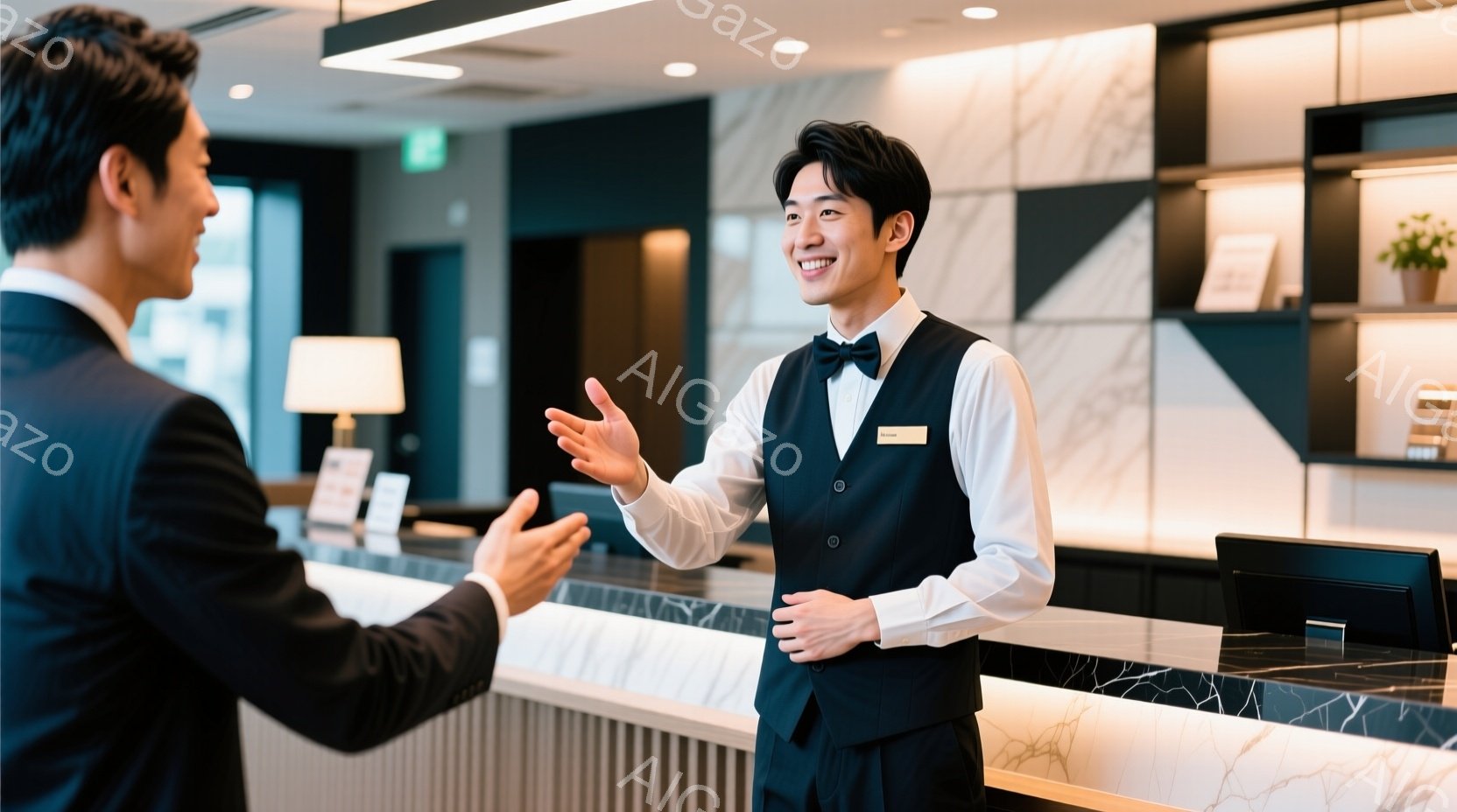 この画像では、ホテルの受付で男性スタッフが笑顔で対応している様子が写っています。彼は黒のベストと白のシャツ、そして蝶ネクタイを着用しており、親切な印象を与えます。背景には大理石調の受付カウンターと、モダンな内装のホテルロビーが見え、明るく洗練された雰囲気が漂っています。