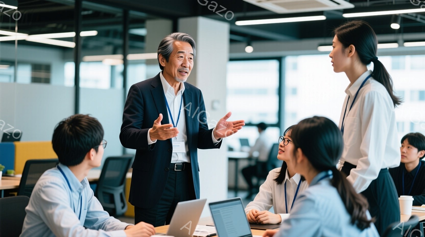 この画像では、ビジネスシーンが描かれています。一人の男性がスーツ姿で何かを説明しており、周りの数人の女性と男性がノートパソコンを前に座って彼に注目しています。オフィスはモダンで開放的で、大きな窓から自 - AI生成フリー素材