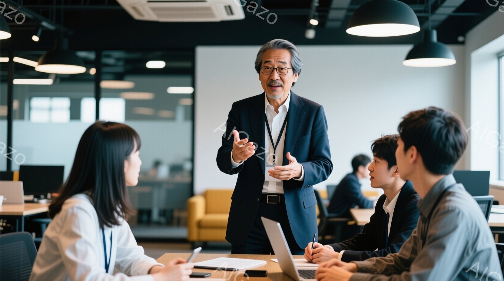 会社の会議室で、白髪の男性が紺色のスーツを着て、若い女性と男性のチームに何かを説明しています。彼は真剣な表情で身振り手振りを使って話しており、チームメンバーはパソコンを開き、メモを取りながら熱心に聞い - AI生成フリー素材
