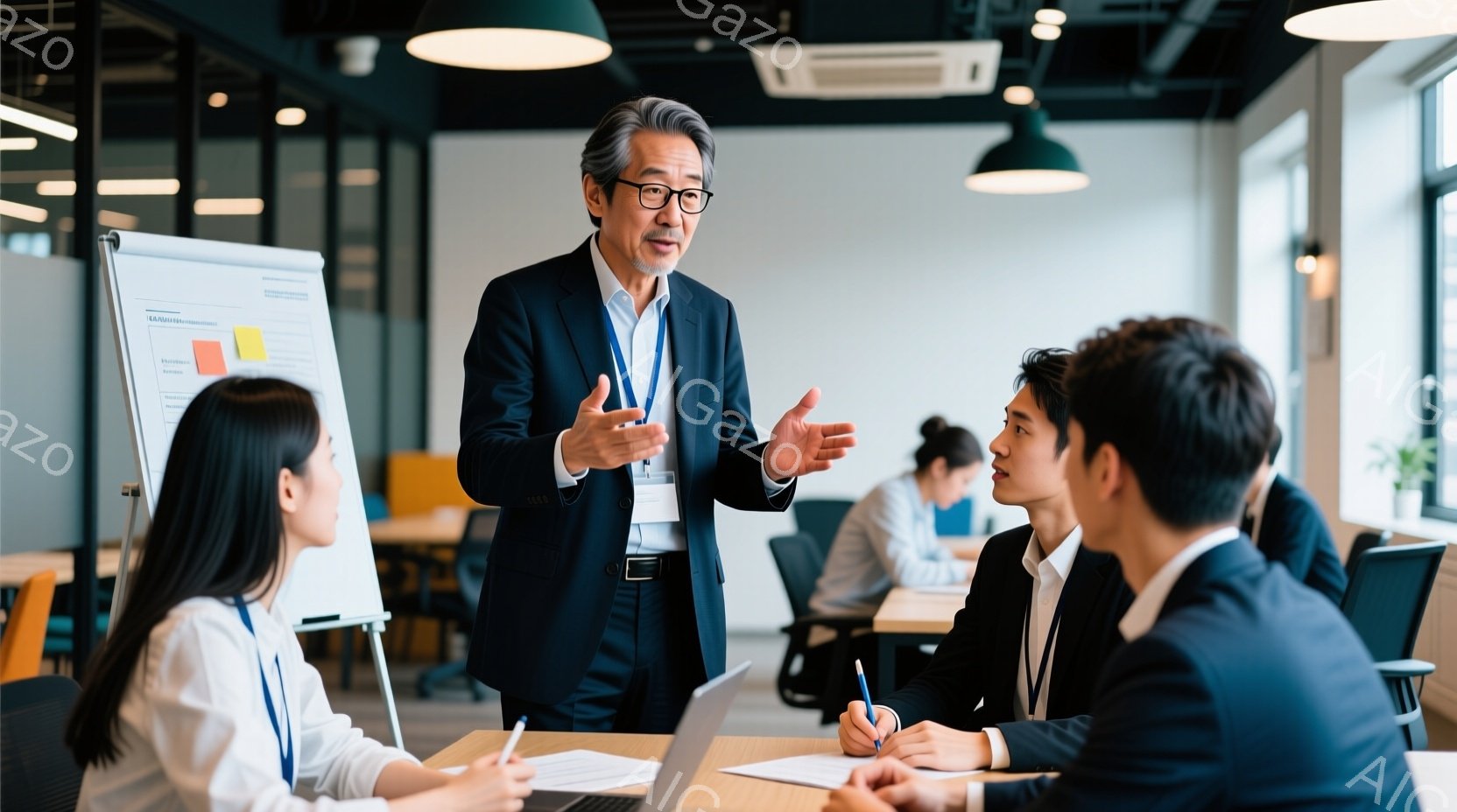 紺色のスーツを着た年配の男性が、会議室で若いビジネスパーソンたちに向かって何か説明している様子が写っている。彼は両手を広げ、熱心に話している表情で、周りの人々は彼に注目している。背景には他の社員が作業している様子や、ホワイトボード、オフィス家具が見え、全体的に活気のある雰囲気である。