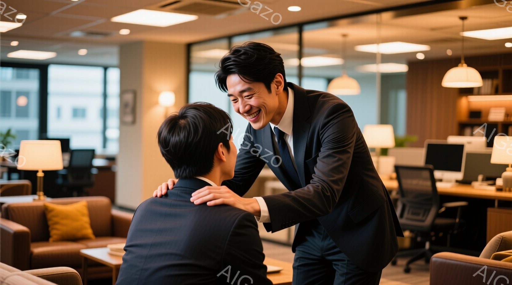 一人の男性が、別の男性の肩に手を置いて笑顔で話しかけている。二人はビジネススーツを着ており、髪型は短髪で整えられている。背景にはオフィス空間が広がり、ソファやデスクが配置され、明るく開放的な雰囲気が漂 - AI生成フリー素材