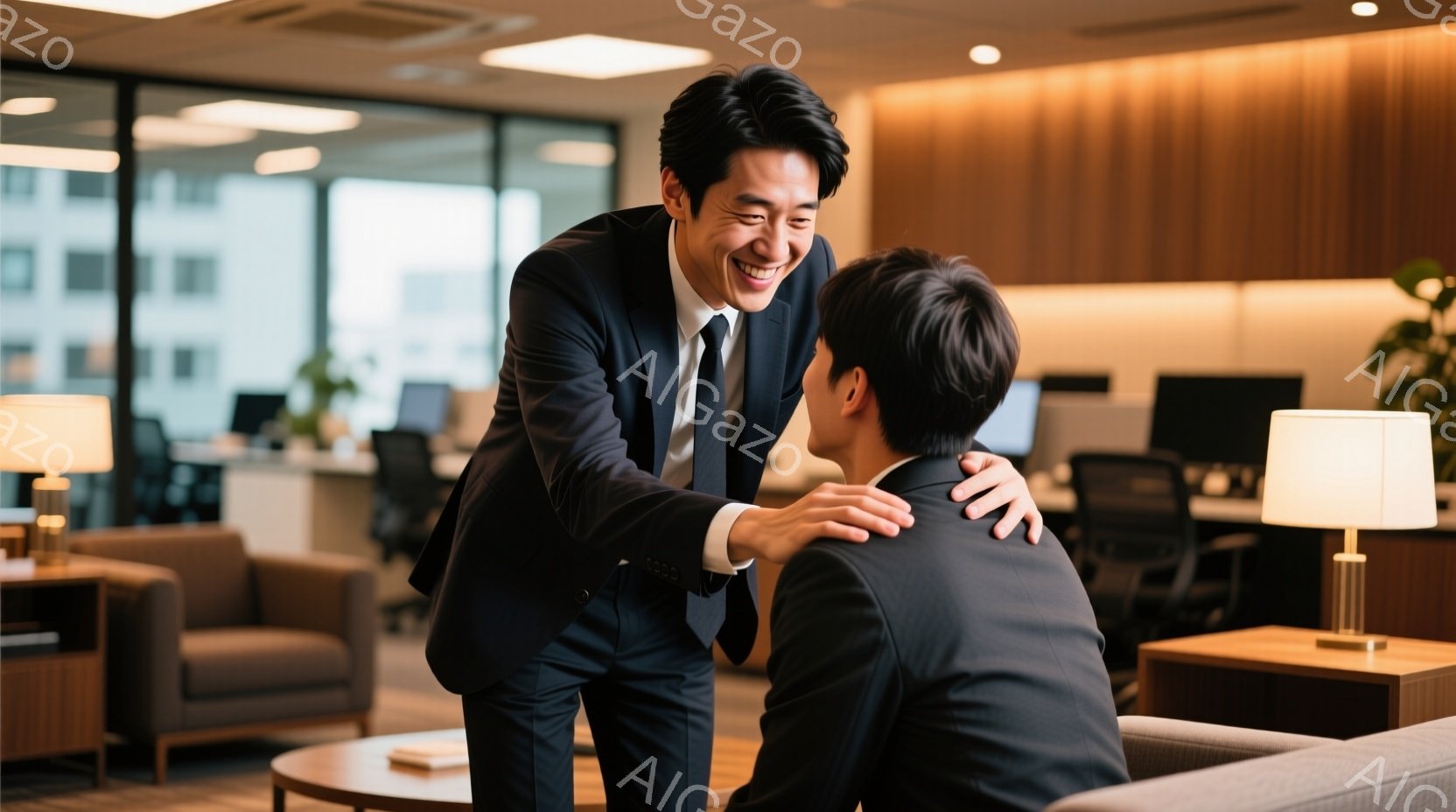 ビジネススーツを着た男性が、同じくスーツ姿の別の男性に肩を抱せて微笑んでいます。室内はオフィスのような空間で、ソファやテーブル、パソコンなどが配置されており、明るく清潔な印象です。二人の表情からは、親しみや信頼関係が感じられる、温かい雰囲気の写真です。