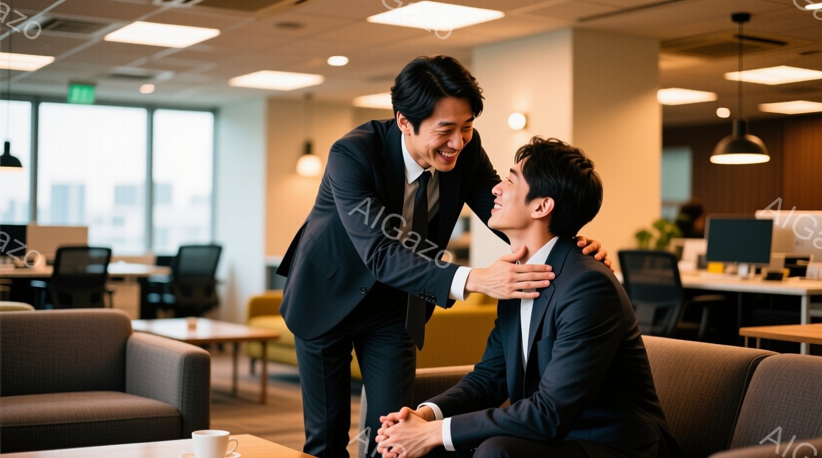 二人のビジネスマンがオフィス内の休憩スペースで親しげに話しています。どちらも濃いグレーのスーツに白いシャツ、ネクタイ姿で、笑顔を浮かべており、片方の男性がもう片方の肩に手を置いています。背景には他のオフィススペースが見え、全体的に明るく、和やかな雰囲気が漂っています。