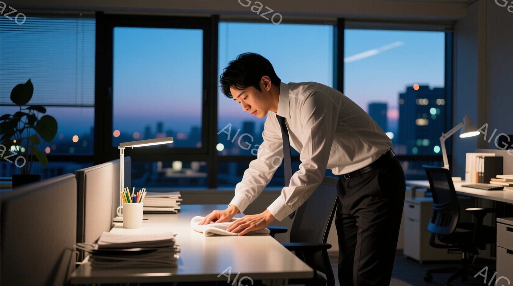 白いシャツに黒いズボンを着用した男性が、オフィスでデスクを拭いています。彼はやや前かがみの姿勢で、真剣な表情で作業に取り組んでいます。背景には夜景が広がり、高層ビル群と夕焼け空がオフィス内の静けさとコ - AI生成フリー素材