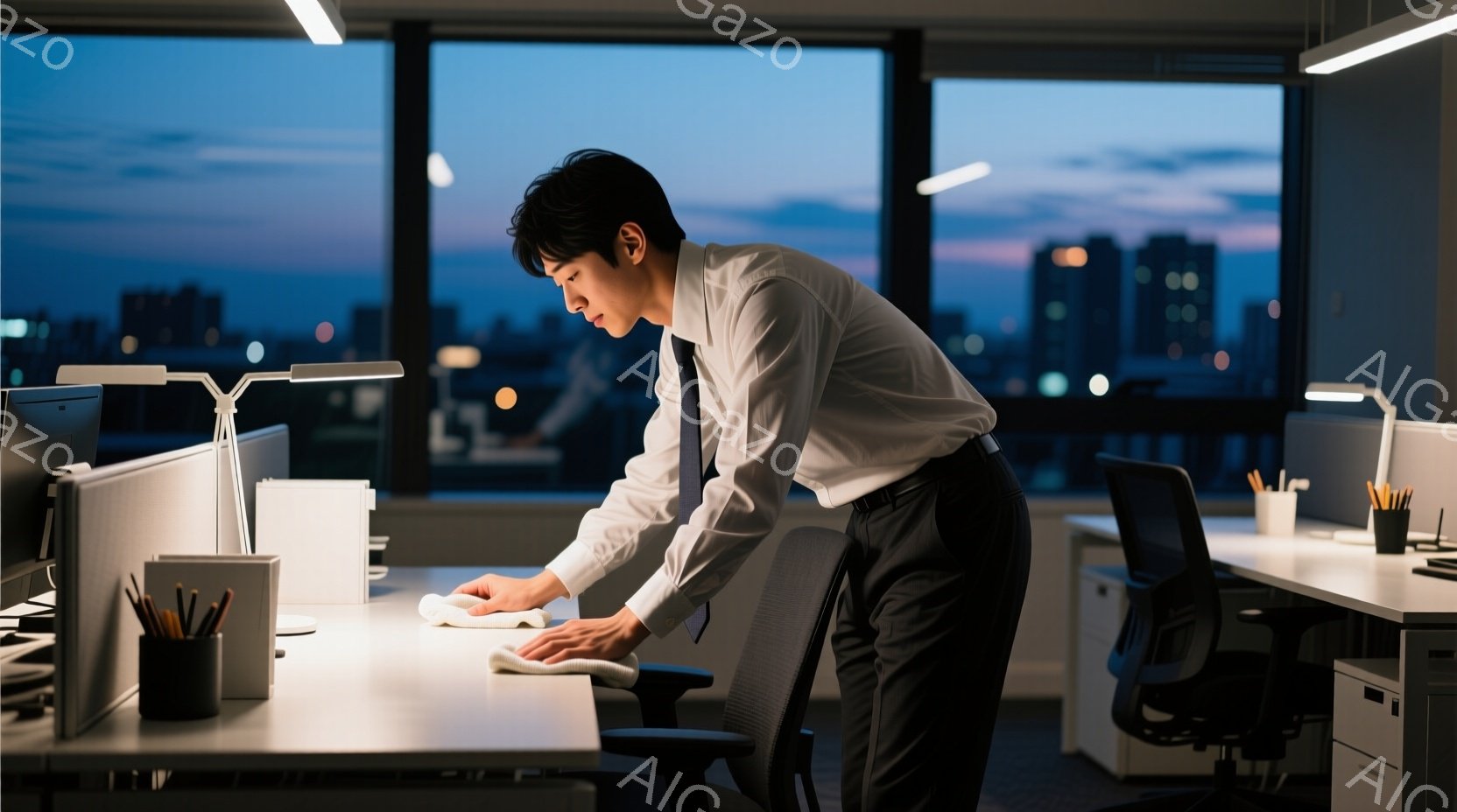 スーツを着た若い男性が、オフィスで机を拭いています。彼は黒髪で、少し前かがみの姿勢で、集中して作業に取り組んでいる様子が伺えます。窓の外には夕暮れ時の都市の風景が広がり、オフィス内は落ち着いた雰囲気に - AI生成フリー素材