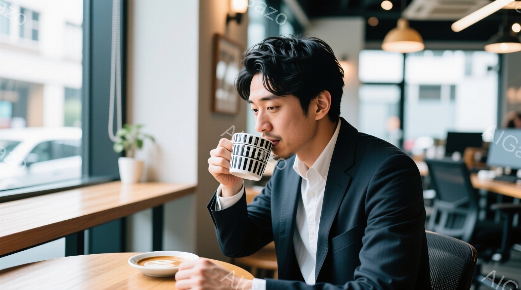 男性は、窓際のテーブルでコーヒーカップを手にしている。紺色のスーツに白いシャツを着ており、髪型は短く、落ち着いた表情をしている。背景には、他のテーブルやオフィスらしき空間が見え、全体的に落ち着いた雰囲気である。