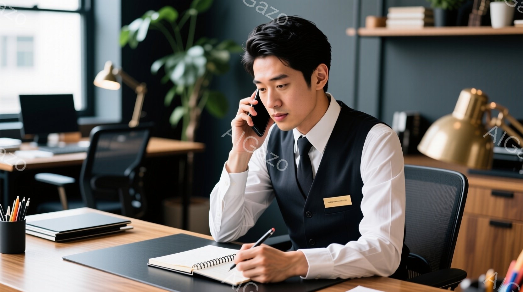 スーツベストと白いシャツを着た男性が電話をしながらノートに書き込んでいる。彼は真剣な表情で、デスクに身を乗り出し、集中して話を聞いている様子だ。背景には、オフィス、椅子、観葉植物が見え、落ち着いた雰囲 - AI生成フリー素材