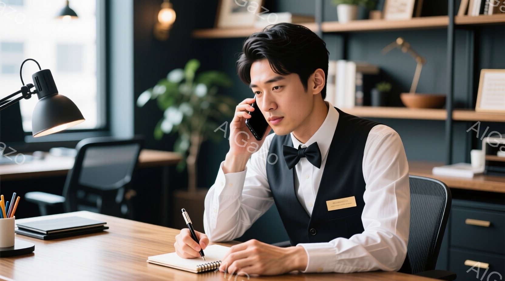 一人の男性が電話に出ながら、机の上のノートに何かを書き留めている。彼は黒いベストと蝶ネクタイを着用し、胸には名札をつけている。背景には本棚と椅子が見え、落ち着いた雰囲気のオフィスか書斎のようである。
