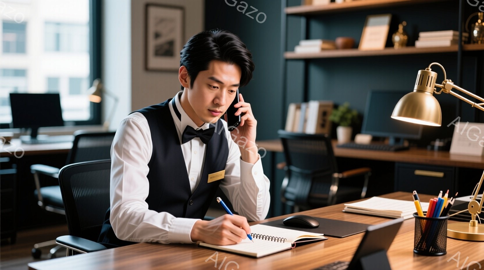 黒いスーツと白いシャツ、蝶ネクタイを着用した男性が、オフィスの机で電話をしながらメモを取っています。彼は真剣な表情で、集中して会話に耳を傾けており、姿勢も背筋が伸びてきちんとしています。背景には、本棚、パソコン、そして近代的なオフィスビルが見え、全体的に落ち着いたプロフェッショナルな雰囲気です。