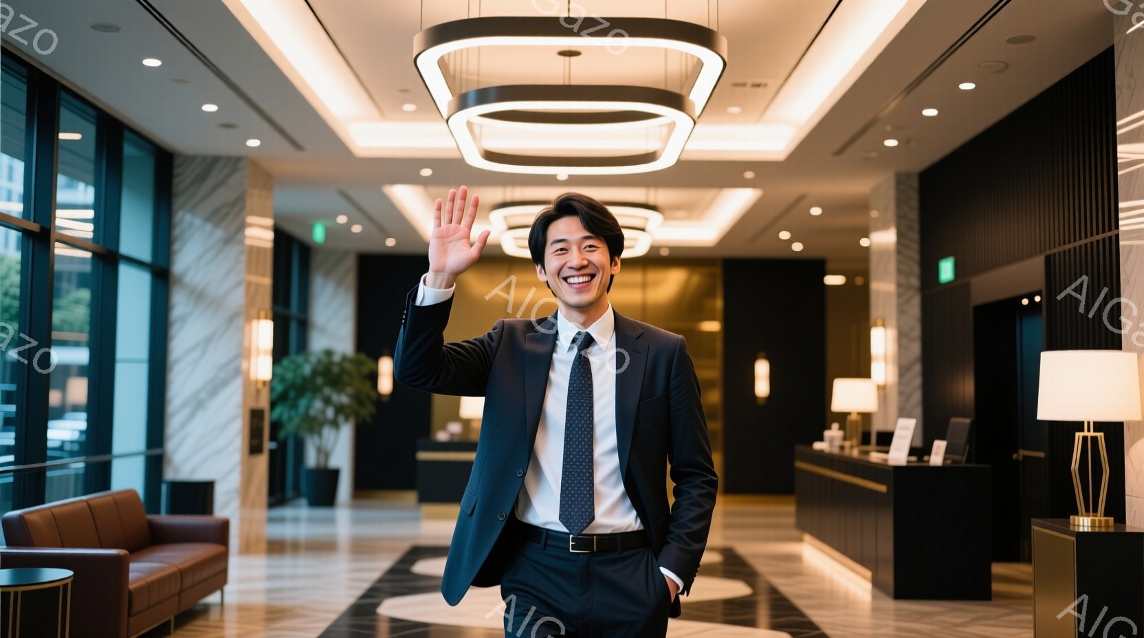 ダークネイビーのスーツに白いシャツ、ネクタイを締め、整髪された男性が、ホテルのロビーで手を振ってこちらを見ている。彼は笑顔で、自信に満ちた姿勢で正面を向いている。背景には、モダンなデザインのソファや受 - AI生成フリー素材