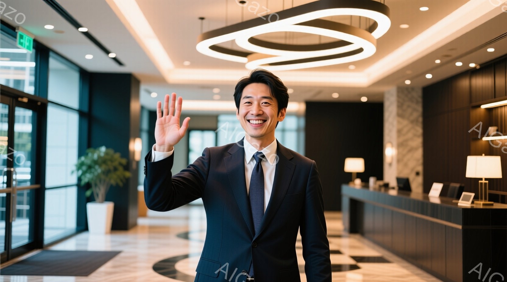 黒いスーツにネクタイを締め、笑顔で手を振っている男性が写っています。背景はホテルのロビーで、受付カウンターや観葉植物が見え、明るく清潔感のある空間です。全体的に、歓迎的で友好的な雰囲気が伝わってきます - AI生成フリー素材