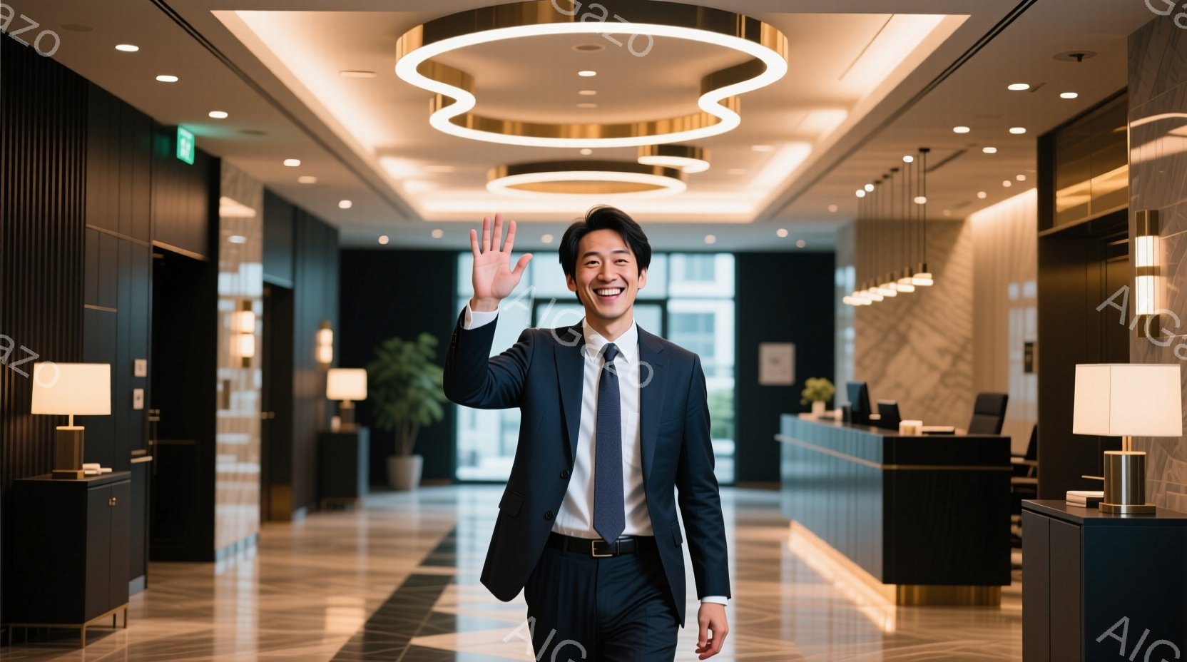 スーツを着た男性が、ホテルのロビーで手を振って笑顔を見せています。彼は濃い紺色のスーツに薄いブルーのネクタイを着用し、髪型は短く整えられています。背景には、ベージュと白を基調としたモダンな内装のロビー、受付カウンター、そして間接照明が設置されています。