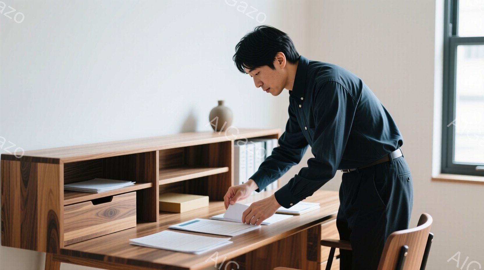 黒いシャツと黒いズボンを身につけた男性が、木の机の上で書類を調べている。彼は少し前かがみになり、集中した表情で書類を手に取っている。背景にはシンプルな白い壁と窓があり、木製の椅子が置かれている、落ち着 - AI生成フリー素材