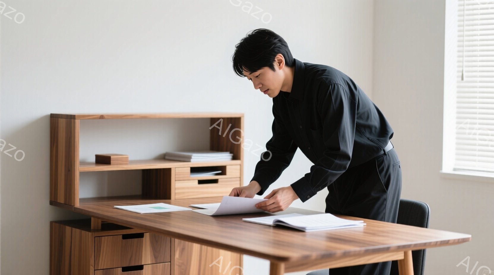 黒いシャツを着た男性が、木の机の上で書類を調べている。彼は少し前かがみになり、集中した表情で書類を見つめている。背景には木の棚があり、明るい自然光が差し込み、全体的に落ち着いた雰囲気である。 - AI生成フリー素材