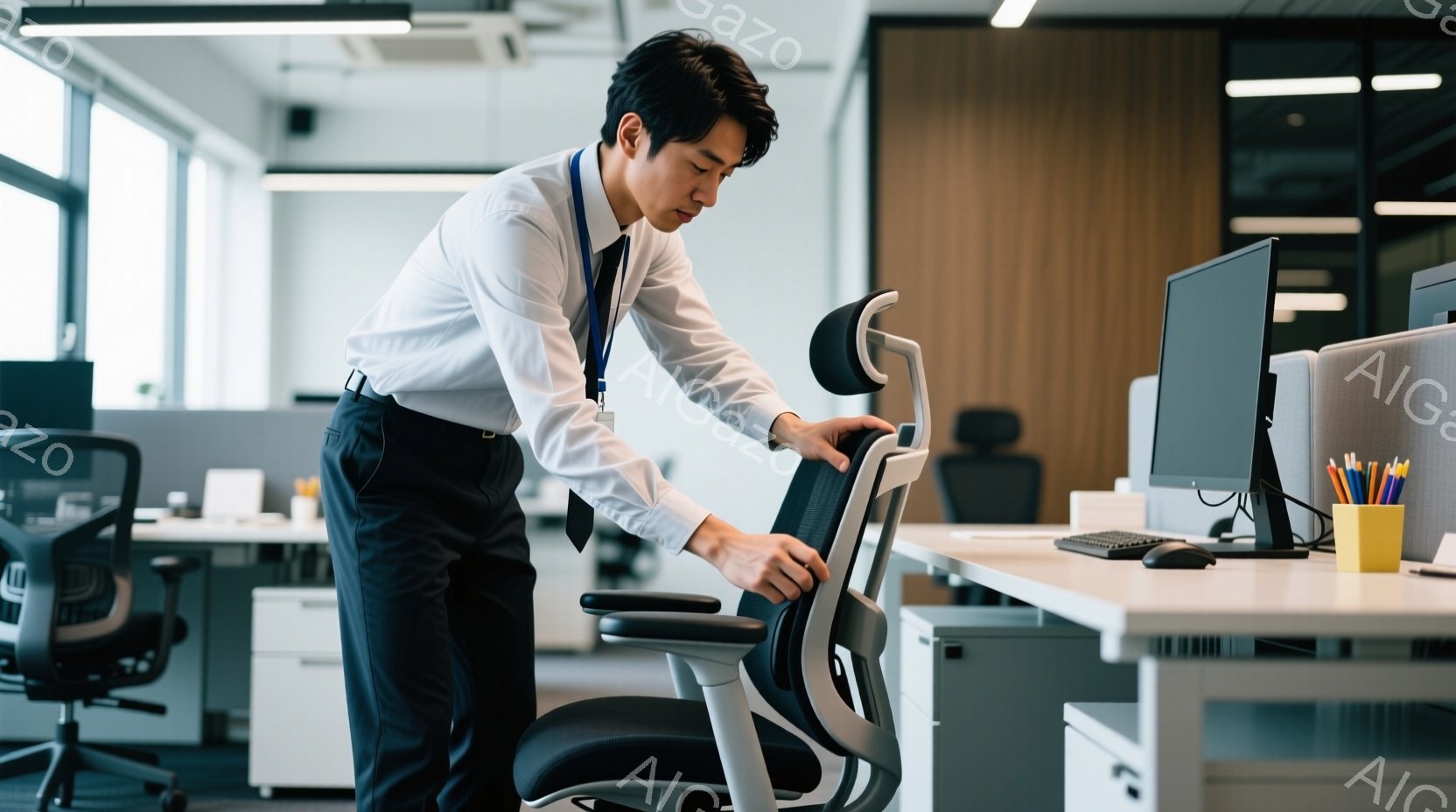 白いシャツに黒いズボンを着用した男性が、オフィスチェアの調整をしている。彼は少し前かがみの姿勢で、椅子に手をかけている。背景には、整然と並んだオフィスデスクやコンピューターモニターが見え、モダンで清潔感のあるオフィス空間が広がっている。