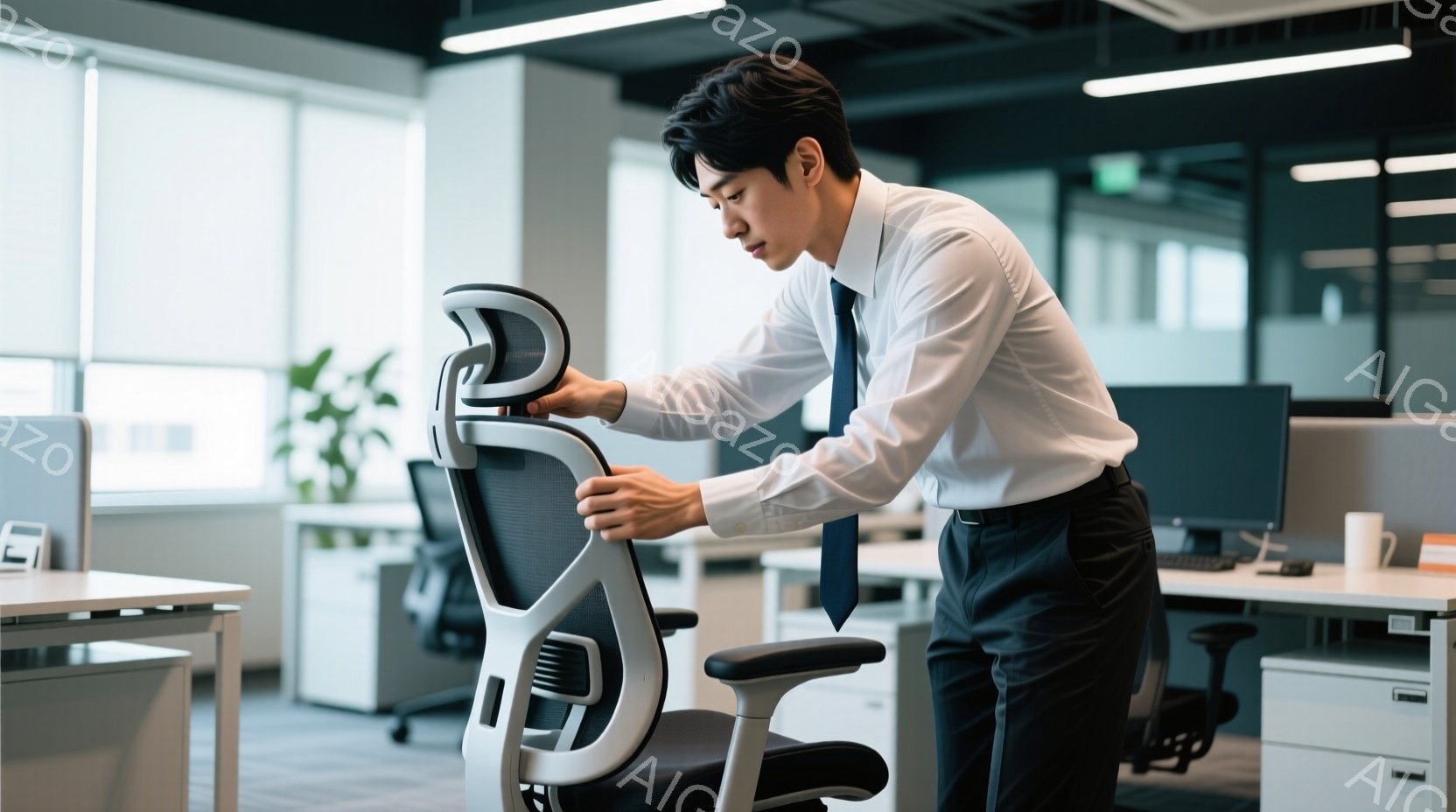スーツとネクタイを着用した男性が、オフィスチェアの調整をしている様子が写っている。彼は少し前かがみの姿勢で、椅子のヘッドレスト部分に触れており、真剣な表情をしている。背景には、他のデスクやオフィス機器 - AI生成フリー素材