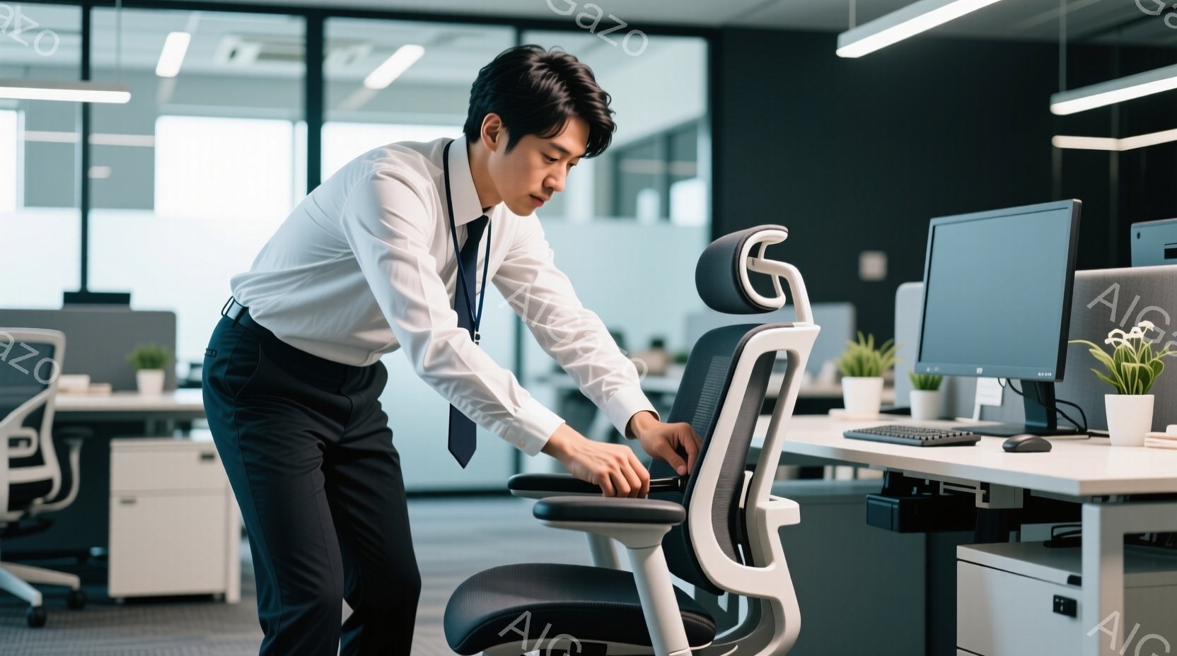 一人の男性がオフィスで椅子を調整している。彼は白シャツに黒いズボン、ネクタイを着用しており、身だしなみが整っている。オフィスは明るく、モダンなデザインで、背景には他のデスクと植物が見える。