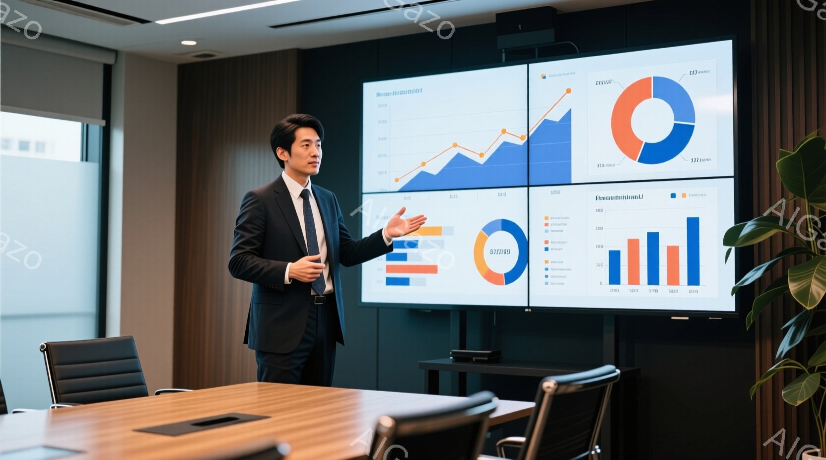 スーツを着た男性がプレゼンテーションを行っています。彼は右手を前に伸ばし、背筋を伸ばした姿勢で、大きなグラフが並んだスクリーンを見つめています。会議室はモダンなデザインで、木製のテーブルと黒い椅子が整然と並べられています。