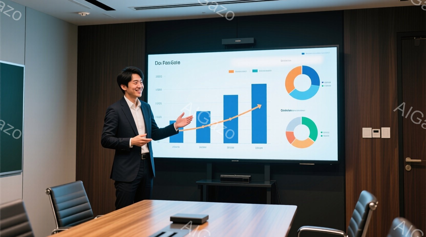 一人の男性が会議室でプレゼンテーションをしている様子が写っています。彼は紺色のスーツを着ており、笑顔で片手を伸ばしてグラフを指し示しています。背景にはグラフが表示されたスクリーン、黒い椅子が並んだテー - AI生成フリー素材