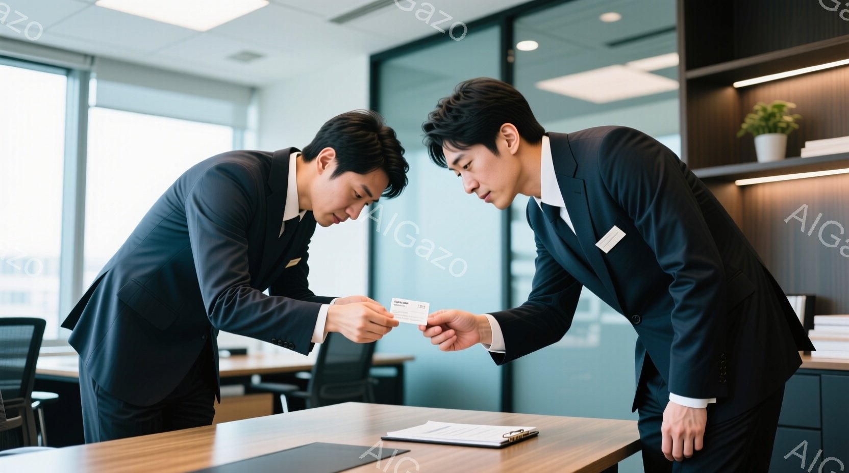 二人のビジネスマンが名刺交換をしている場面です。黒いスーツに白いシャツ、金色のネクタイというフォーマルな服装で、やや前かがみの姿勢で互いの名刺を見つめています。背景には、明るいオフィス空間と窓から見え - AI生成フリー素材
