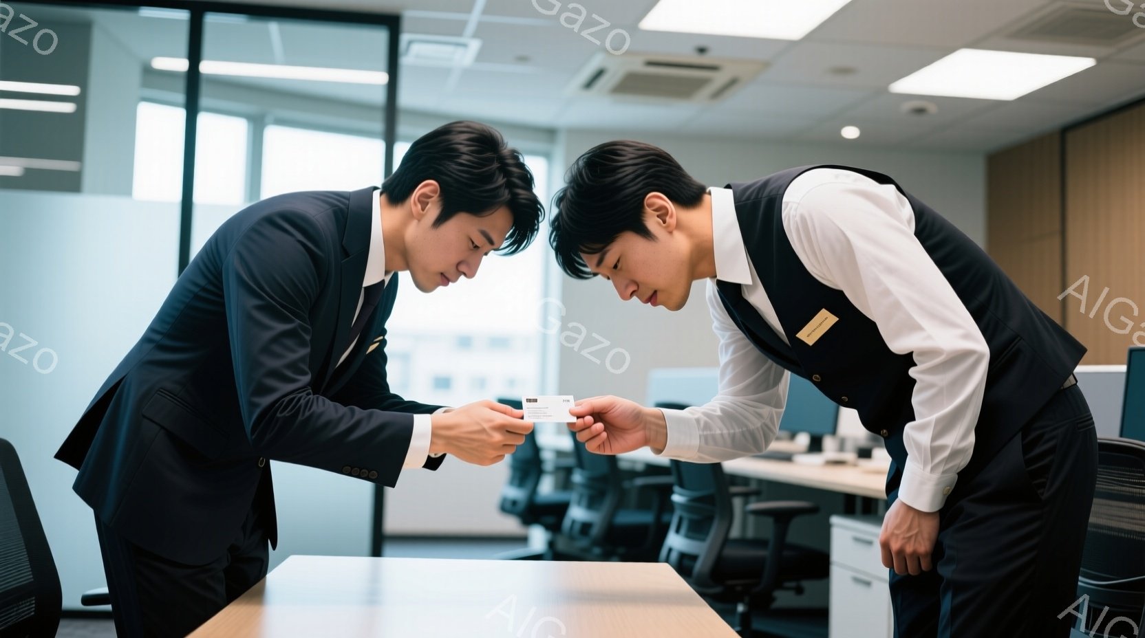 二人の男性が、お互いに名刺を交換している場面です。黒いスーツを着た男性と、ベストと白いシャツを着た男性は、丁寧にお辞儀をしており、ビジネスシーンを連想させます。背景にはオフィスらしき空間が広がり、事務 - AI生成フリー素材