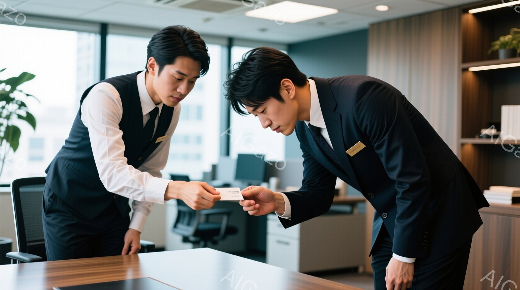 2人の男性がオフィスで名刺交換をしている場面です。両者とも黒いスーツに白シャツ、ネクタイ姿で、髪型も短く整えられています。オフィスは明るく、白を基調とした清潔感のある空間で、背後にはデスクや棚が見え、ビジネスシーンを連想させる落ち着いた雰囲気です。