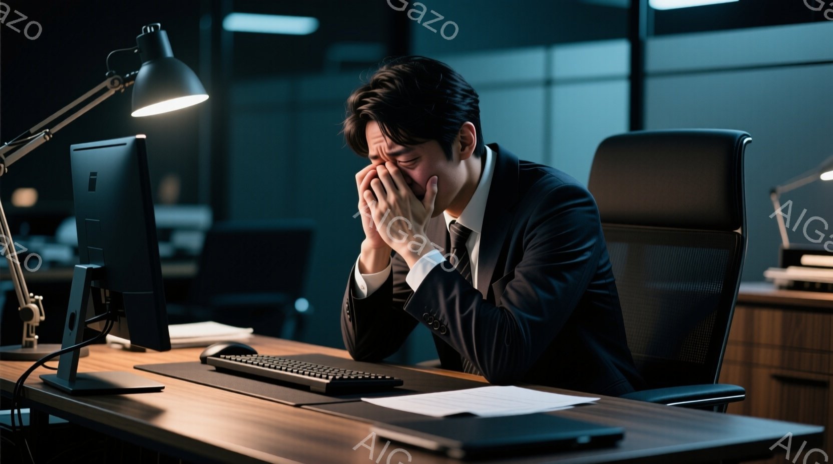 スーツを着た男性がデスクに座り、顔を手で覆って困惑している様子がうかがえる。彼は暗い部屋でパソコンの前に座っており、疲労やストレスを感じている雰囲気である。デスクの上には書類やキーボードが置かれ、夜遅くまで仕事をしている状況を示唆している。