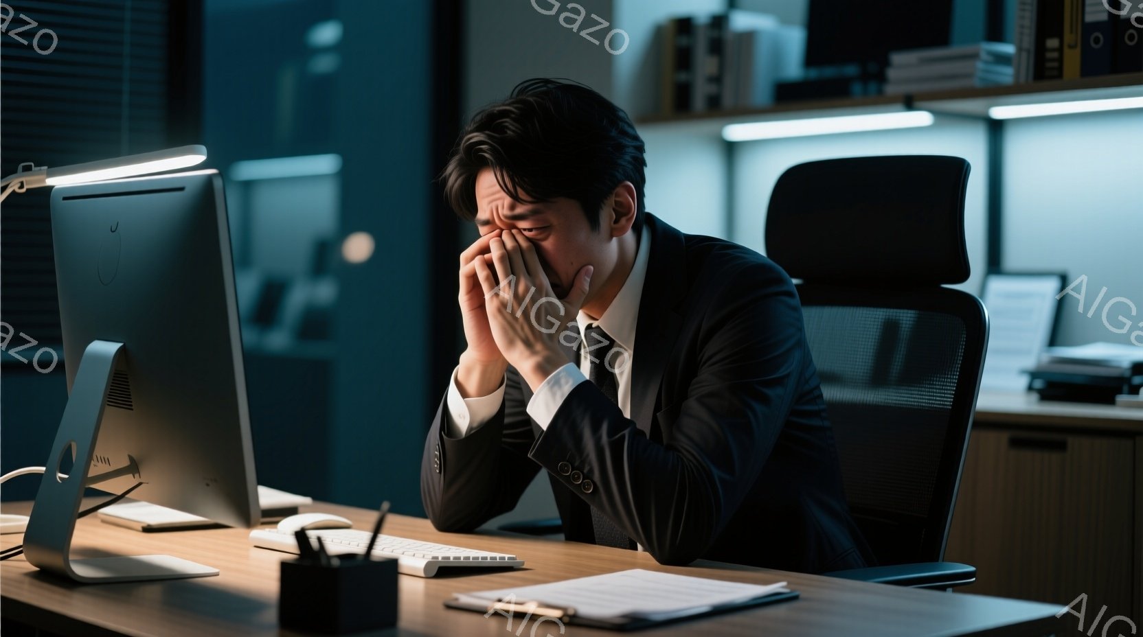 スーツとネクタイを着用した男性が、デスクの前で顔を覆い、疲労困憊している様子が伺えます。彼は椅子に深く座り込み、肩を落としており、強いストレスやプレッシャーを感じていることがわかります。背景にはオフィス内の棚や書類がぼやけて写っており、夜間の静かで暗い雰囲気です。