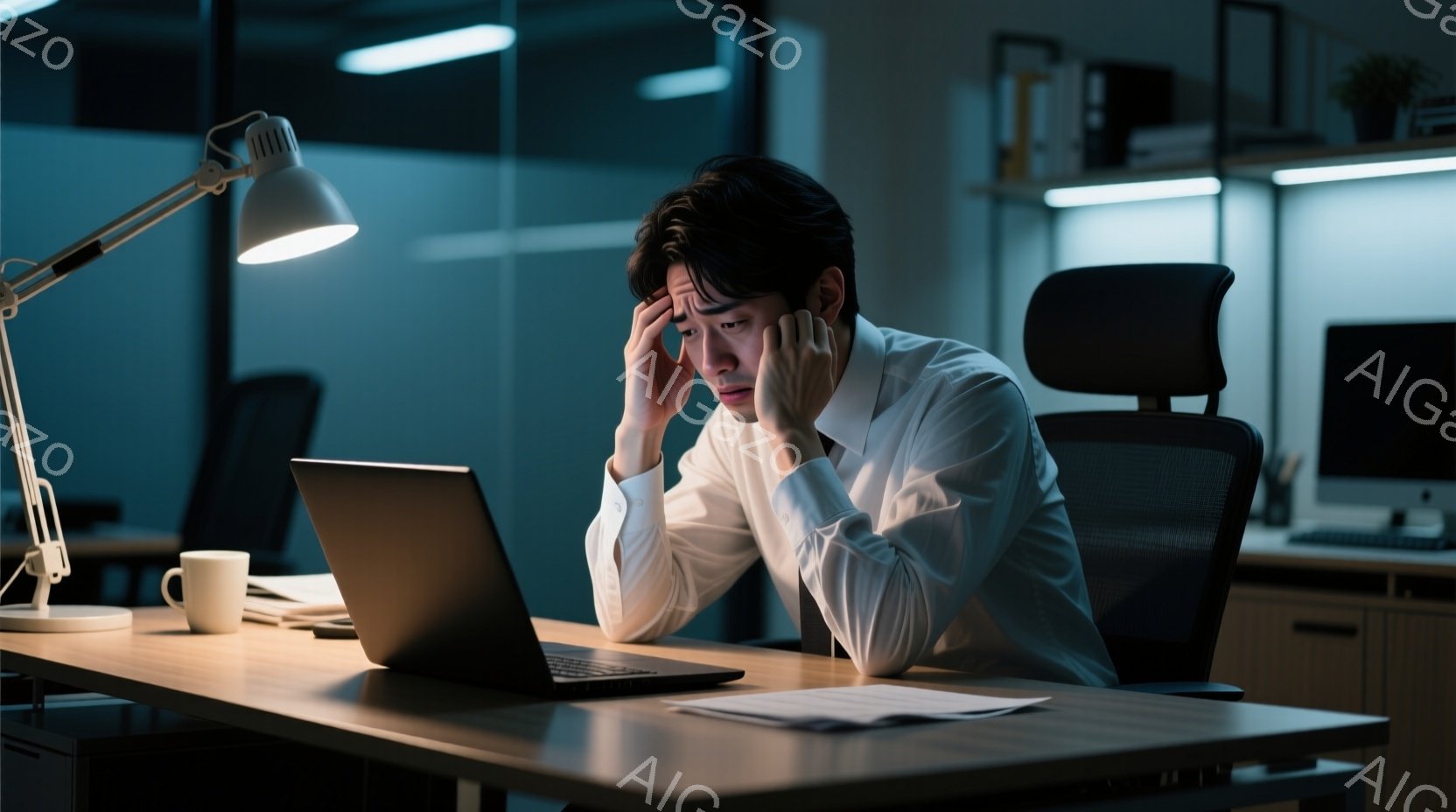 白いシャツを着た若い男性が、暗い部屋でパソコンに向かっている。彼は疲れた表情で目を閉じ、頭を両手で覆っており、深刻なストレスを感じている様子が伺える。背景にはオフィスらしき場所が見え、薄暗い照明と、散らかった書類が、彼の疲労と負担を強調している。