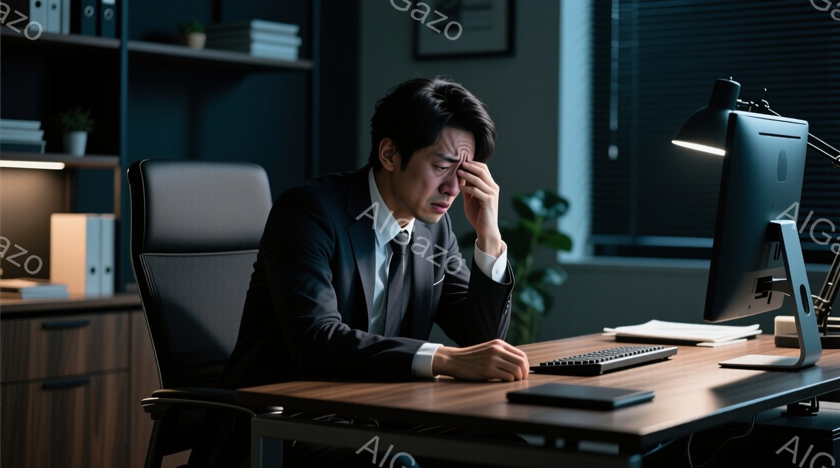 スーツとネクタイを着用した男性が、机に座ってパソコンに向かっています。彼は疲れた表情で目を閉じ、頭を片手で支え、強いストレスを感じている様子です。背景には棚とファイルボックスがあり、オフィスの一室であることがわかります。