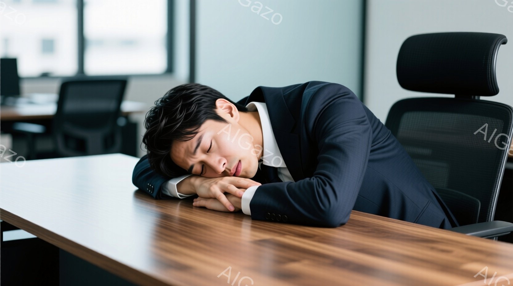 ダークブルーのスーツを着た若い男性が、木の机に腕を組んで顔を伏せて眠っている。彼は黒髪で、疲労困憊した表情をしている。背景にはオフィスチェアがいくつか見え、全体的に疲労とストレスを感じさせる静かな雰囲 - AI生成フリー素材