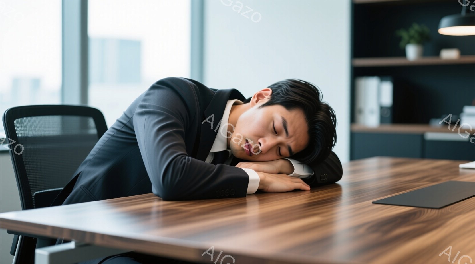 男性は、ダークスーツと白いシャツを着て、机の上で腕を組んで眠っています。彼の髪は短く、黒く、表情は安らかな睡眠を示しています。背景には、オフィス内の棚と窓から見えるぼやけた都市の風景が見え、全体的に疲労と静寂の雰囲気が漂っています。