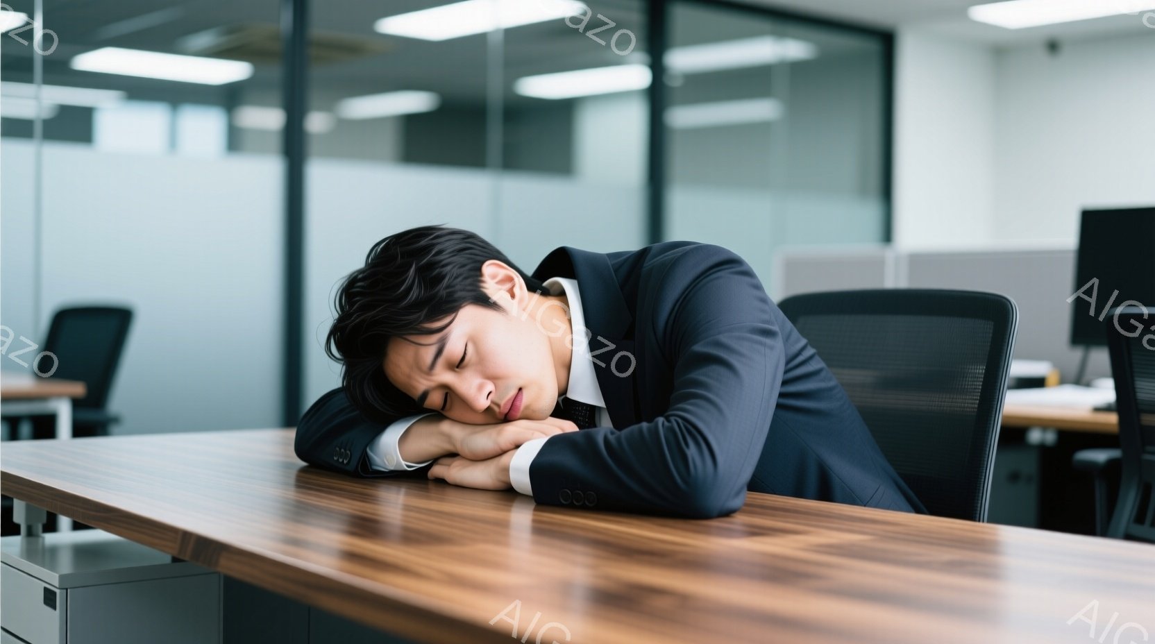 ダークスーツにネクタイを締めた男性が、木の机に腕を組んで頭を乗せ、眠っている様子が写っている。彼の髪は黒く短髪で、表情は疲労困憊しているように見える。背景はオフィスで、他の机や椅子が見え、全体的に疲労 - AI生成フリー素材