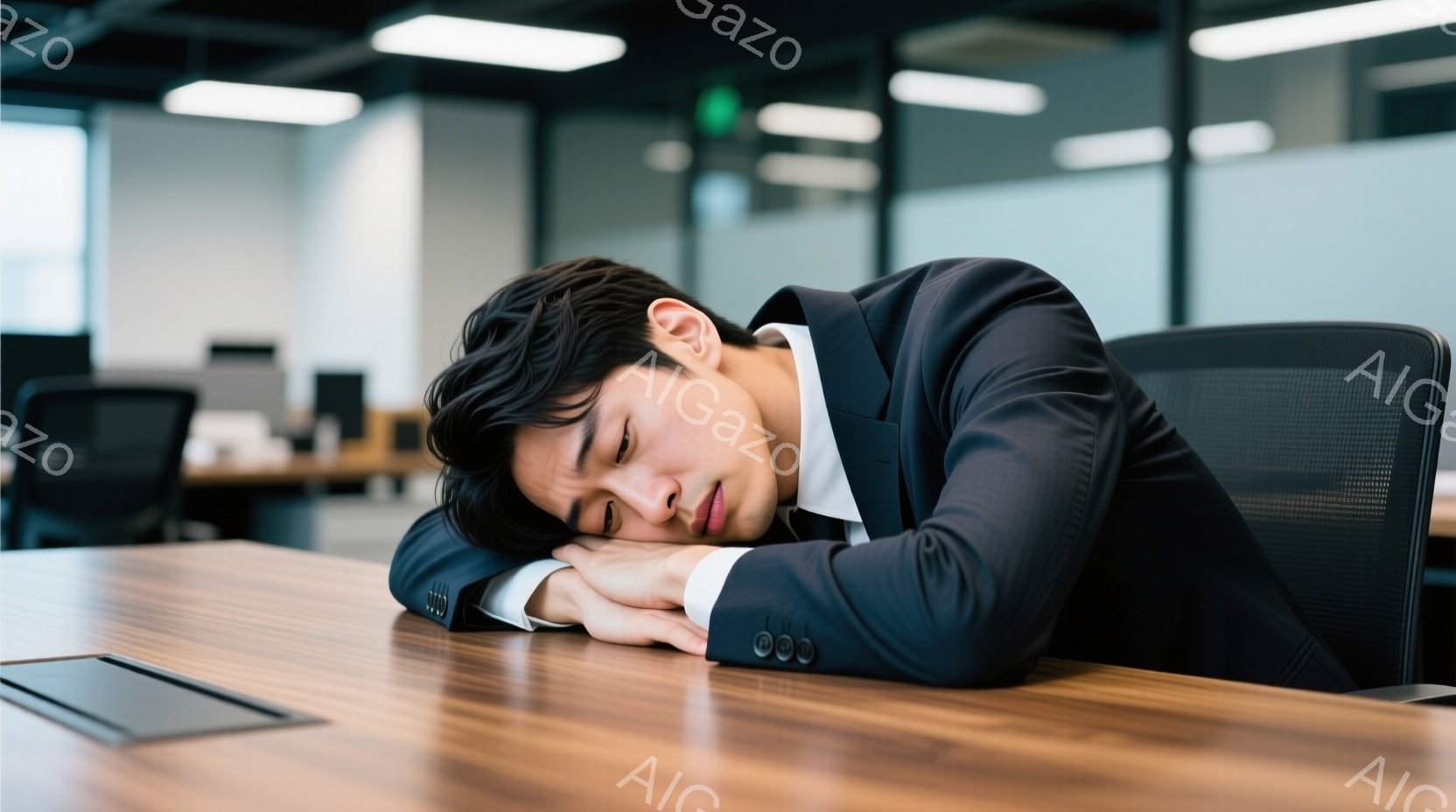 スーツを着た若い男性が、木の机に顔を伏せて眠っている様子が写っている。彼の髪は短く、黒髪で、表情は疲労の色が濃く、まるで深い眠りに落ちているようだ。背景はオフィスであり、モダンな椅子やデスクが並び、全体的に疲労困憊した雰囲気が漂っている。