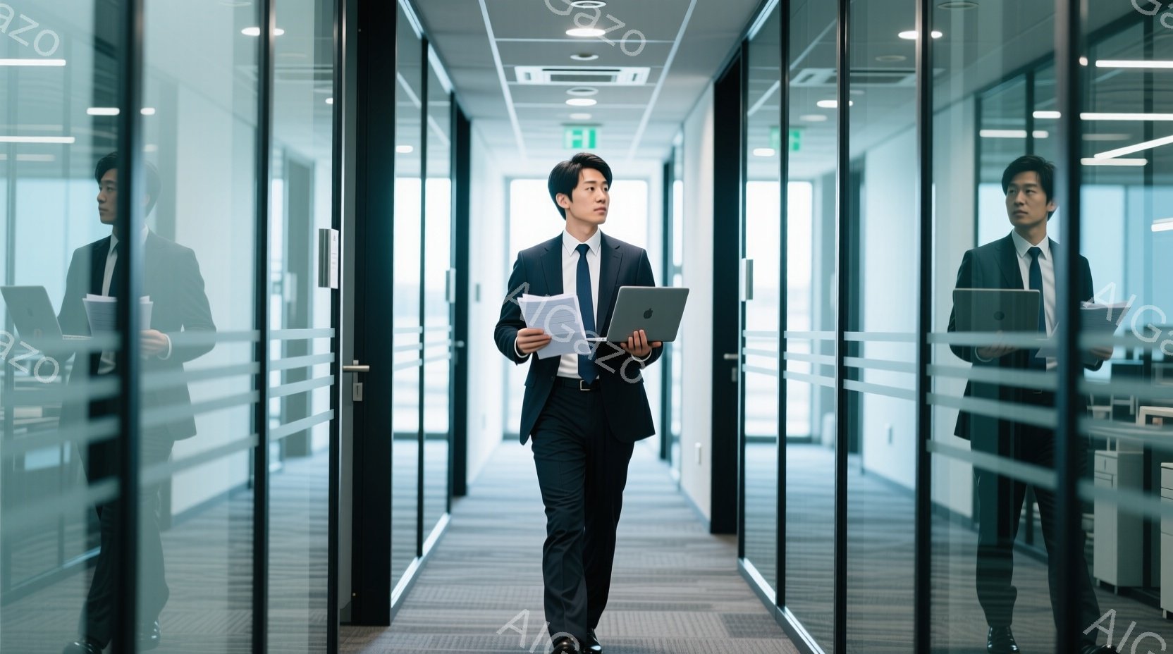 スーツを着た若い男性がオフィスの中を歩いている。彼は黒いスーツに青いネクタイを締め、片手に書類、もう片手にノートパソコンを持っている。背景はガラス張りのオフィスで、通路の両側にオフィススペースが見える - AI生成フリー素材