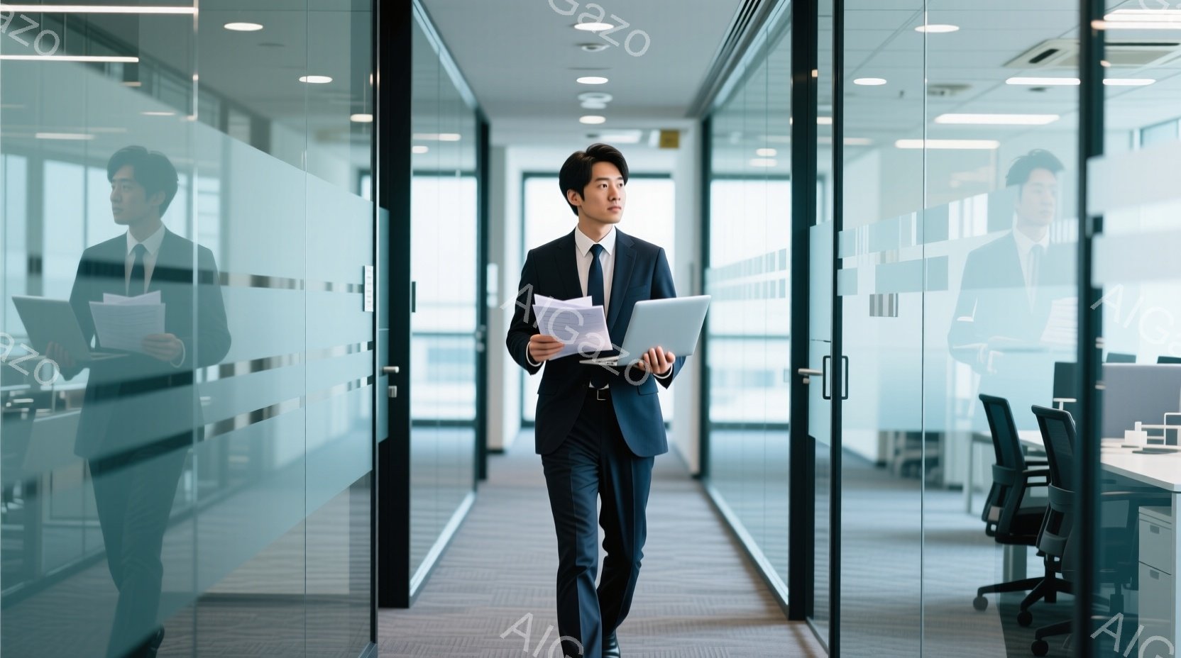 スーツを着た男性がオフィス内を歩いている。彼は書類とタブレットを持ち、前向きな表情でまっすぐ前を見ている。オフィスはガラス張りの壁で区切られており、モダンで清潔感のある雰囲気が漂っている。