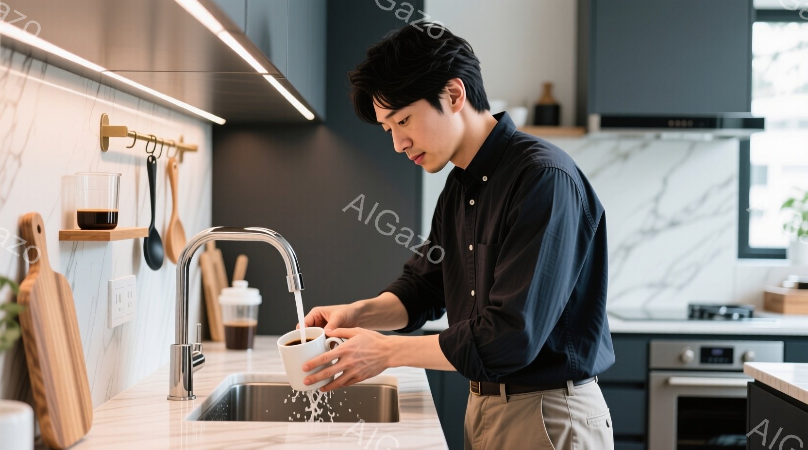 黒いシャツにベージュ色のズボンを着用した男性が、キッチンでマグカップにお湯を注いでいる。彼はやや前かがみの姿勢で、集中した表情をしている。背景には、白い大理石調のカウンター、木製の調理器具、そしてモダンなキッチン設備が見え、全体的に清潔感のある落ち着いた雰囲気が漂っている。