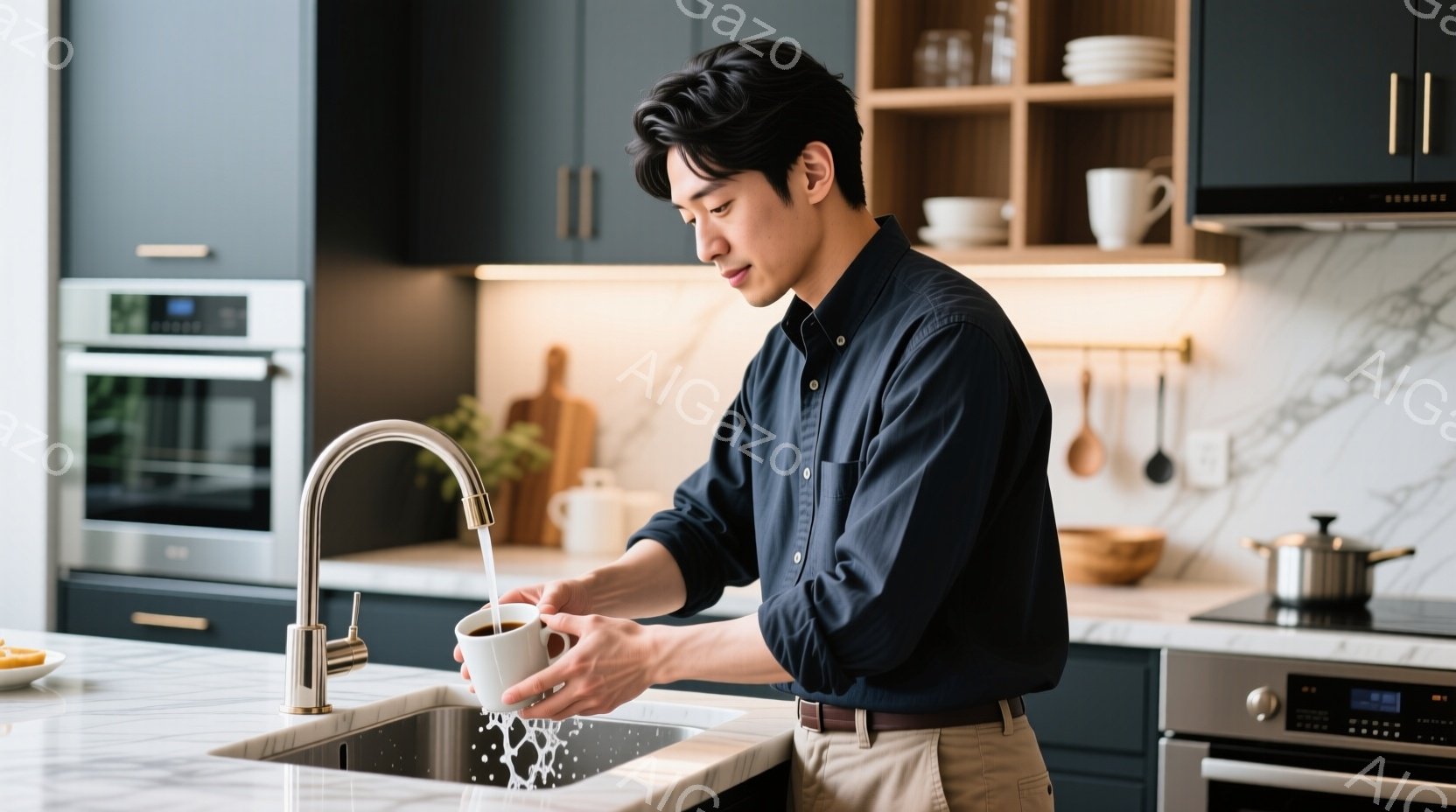 紺色のシャツとベージュ色のズボンを着用した男性が、キッチンのシンクでマグカップを水で洗い流しています。彼は少し前かがみになり、真剣な表情でコップの中に水を注いでいます。背景には、モダンなキッチン設備と収納棚が見え、全体的に落ち着いた雰囲気が漂っています。