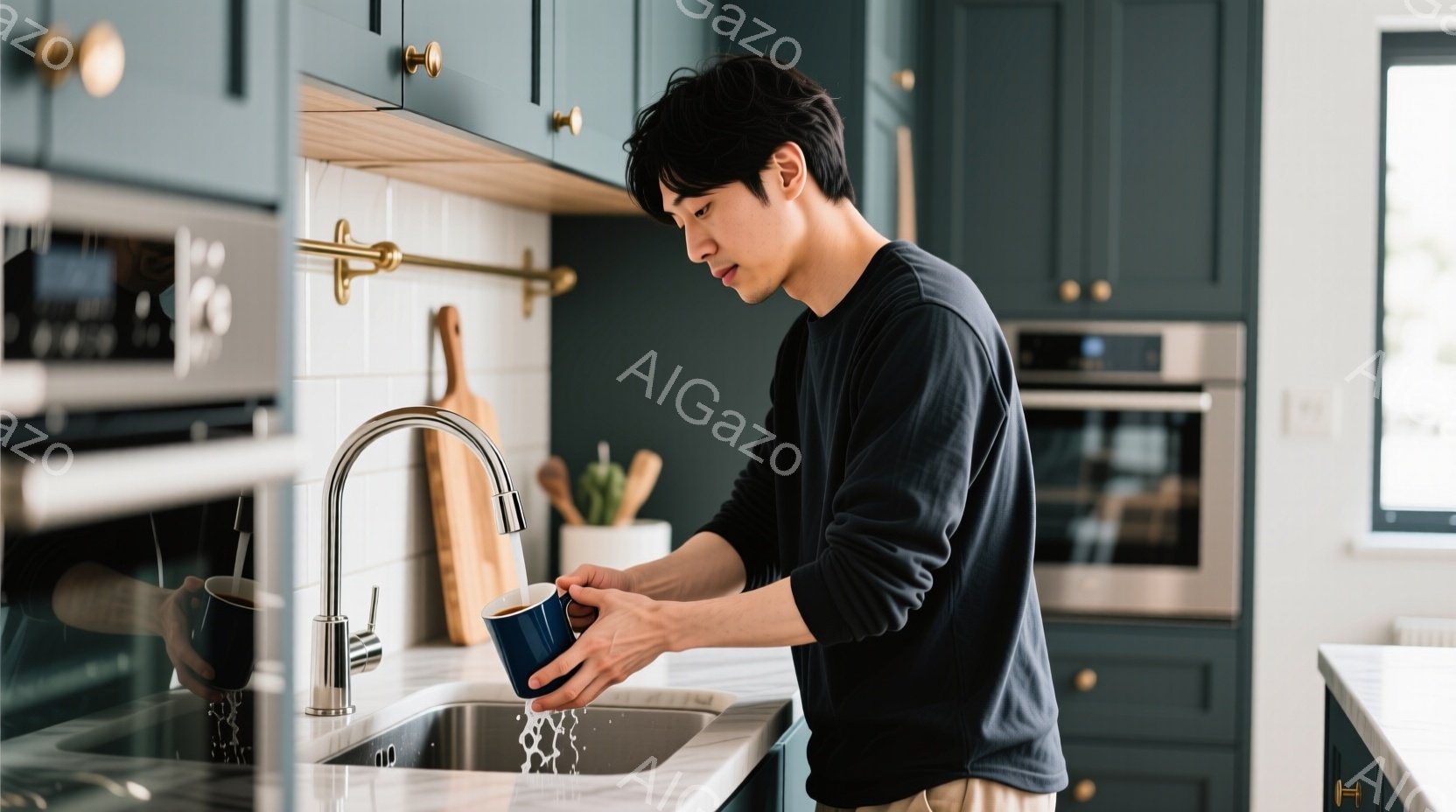紺色のキッチンで、男性がマグカップを洗いながら立っている。彼は黒い長袖シャツとベージュのズボンを着用し、短く整えられた黒髪をしている。背景にはステンレス製のオーブンや木製のカッティングボードが見え、全 - AI生成フリー素材