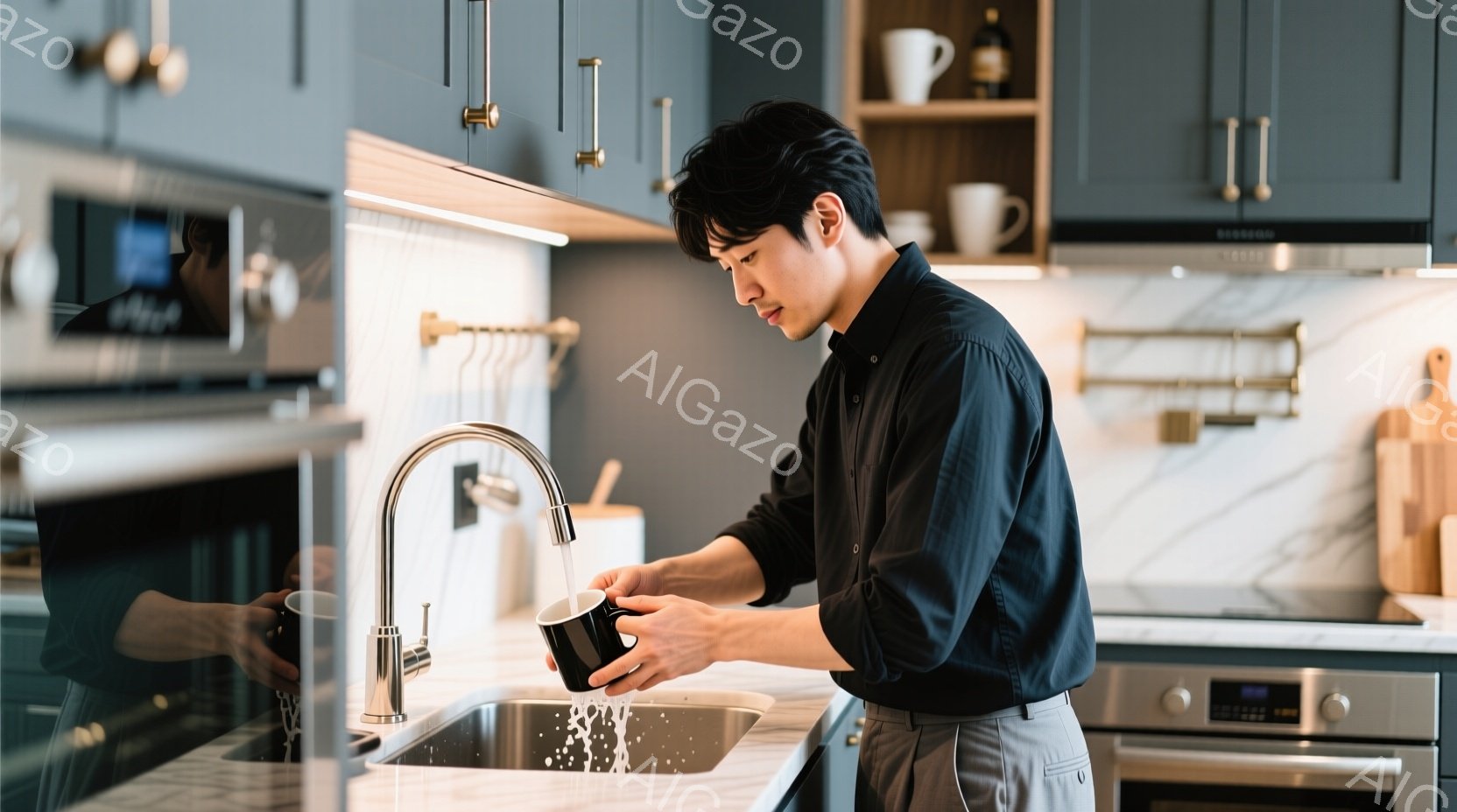紺色のシャツとグレーのズボンを着用した男性が、キッチンのシンクでマグカップを洗っています。彼は少し前かがみの姿勢で、真剣な表情でカップに水を注いでいます。背景には、モダンなデザインのキャビネットと家電 - AI生成フリー素材