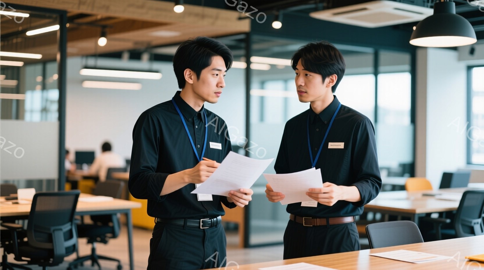 二人の若い男性が、オフィスらしき空間で書類を見ながら話し合っている。黒いシャツにズボンを着用し、ネクタイは着用していないが、名札を付けている。背景には他の社員や、オフィス家具が見え、明るい光が差し込み - AI生成フリー素材