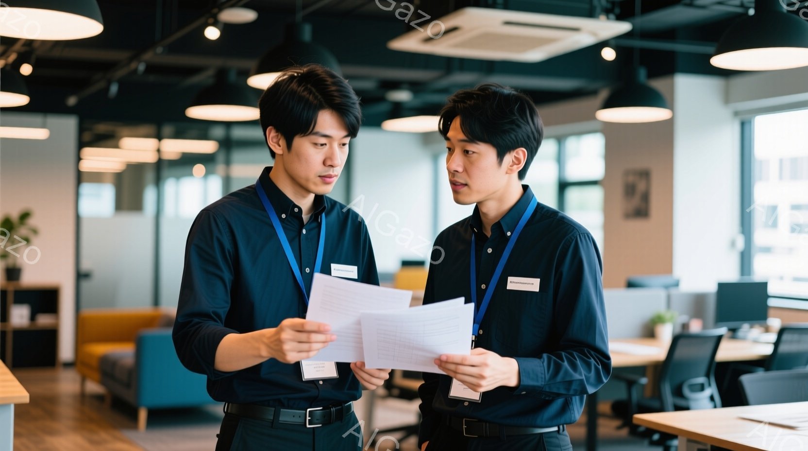 二人の若い男性が、オフィス空間で書類を見ながら真剣に話し合っている。黒いシャツにネクタイ、黒いズボンというフォーマルな服装で、首からはIDカードホルダーをかけている。背景には明るい色のソファやオフィスデスクが配置され、全体的に清潔感のある現代的な雰囲気である。