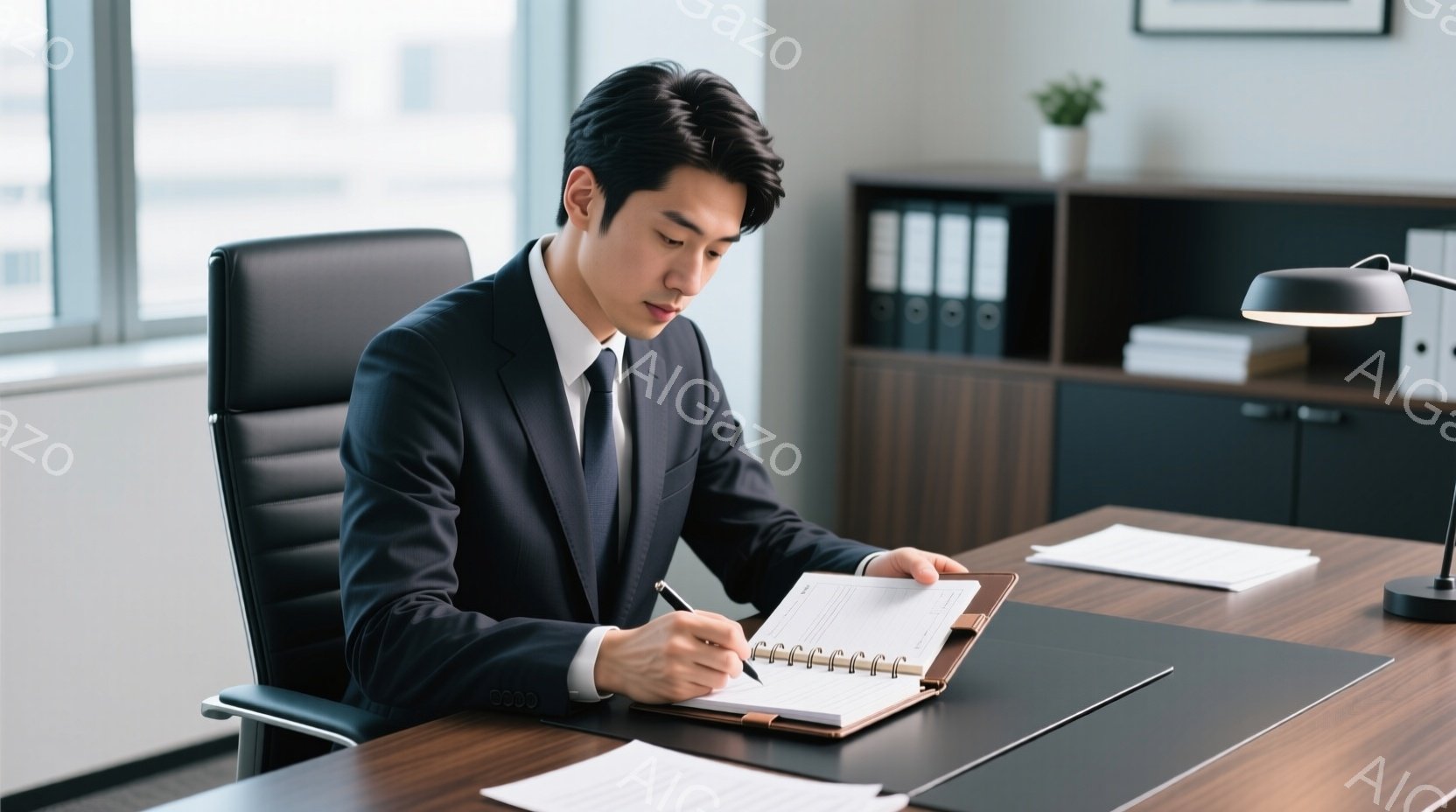紺色のスーツを着た男性が、明るいオフィスでノートに何かを書き込んでいる。彼は黒髪で、前髪が少しおでこにかかっている。姿勢は少し前かがみで、真剣な表情で作業に集中している様子が伺える。 - AI生成フリー素材