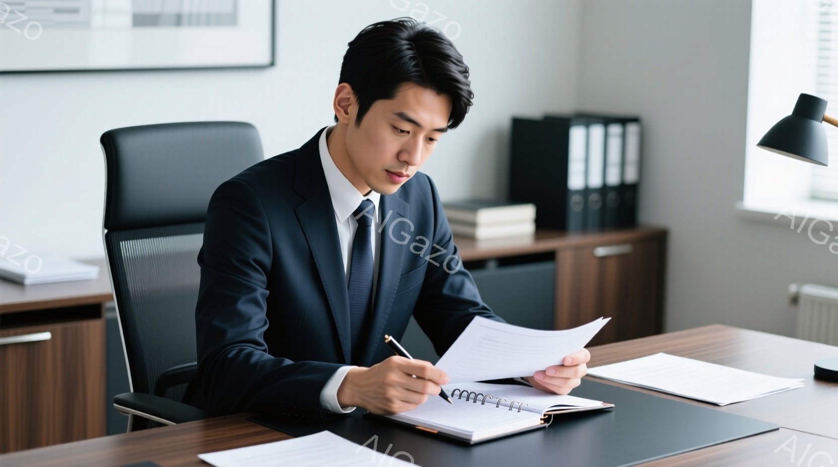 ダークブルーのスーツにネクタイを締め、黒髪を短く整えた男性が、オフィスで書類にペンで書き込みをしています。彼は椅子に座り、集中した表情で下を向いており、真剣な雰囲気が漂います。背景には木製のキャビネットや白い壁があり、落ち着いたオフィス空間が広がっています。