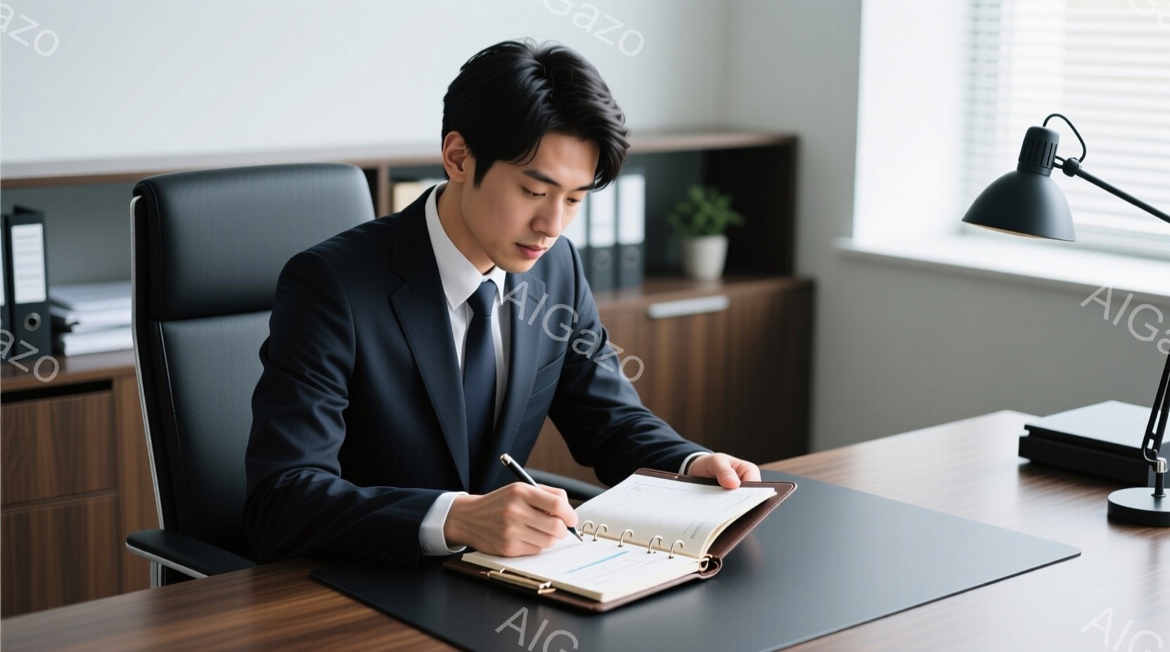 ダークスーツにネクタイを締めた男性が、オフィスでノートに何かを書き込んでいます。彼は真剣な表情で、少し前かがみの姿勢で集中して作業に取り組んでいます。背景には木製のキャビネットとデスクパッド、そしてデスクライトが見え、落ち着いた雰囲気のオフィス空間であることがわかります。