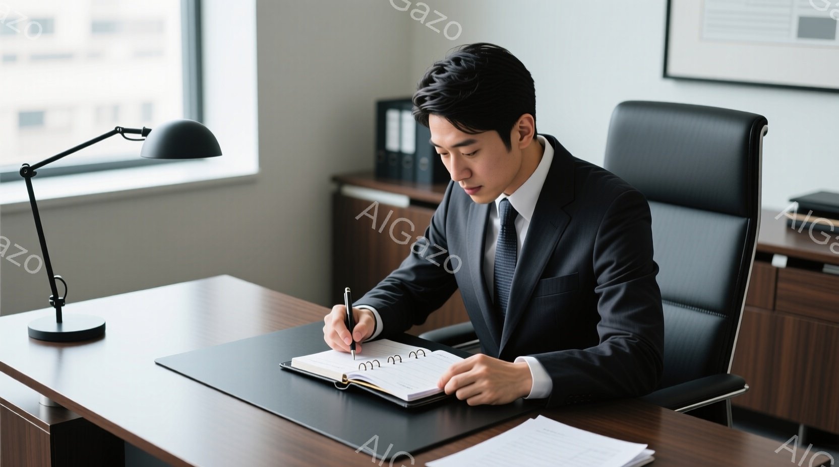 スーツとネクタイを着用した男性が、革張りの椅子に座り、手帳にペンで書き込んでいる。彼は真剣な表情で集中しており、オフィス内のデスクと、窓から見える都市の風景が背景にある。 全体として、落ち着いた雰囲気で、ビジネスシーンを彷彿とさせる写真である。