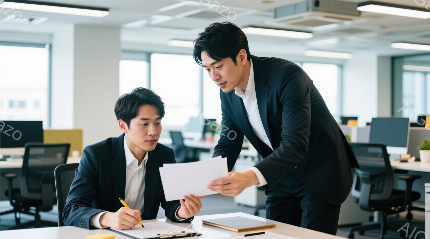 2人のビジネスマンがオフィスで書類を確認している様子が写っている。手前の男性はスーツを着て椅子に座り、ペンを手に書類に何らかのメモを書き込んでいる。奥の男性は立って、書類を指しながら手前の男性と何かを話し合っているようで、両者とも真剣な表情である。