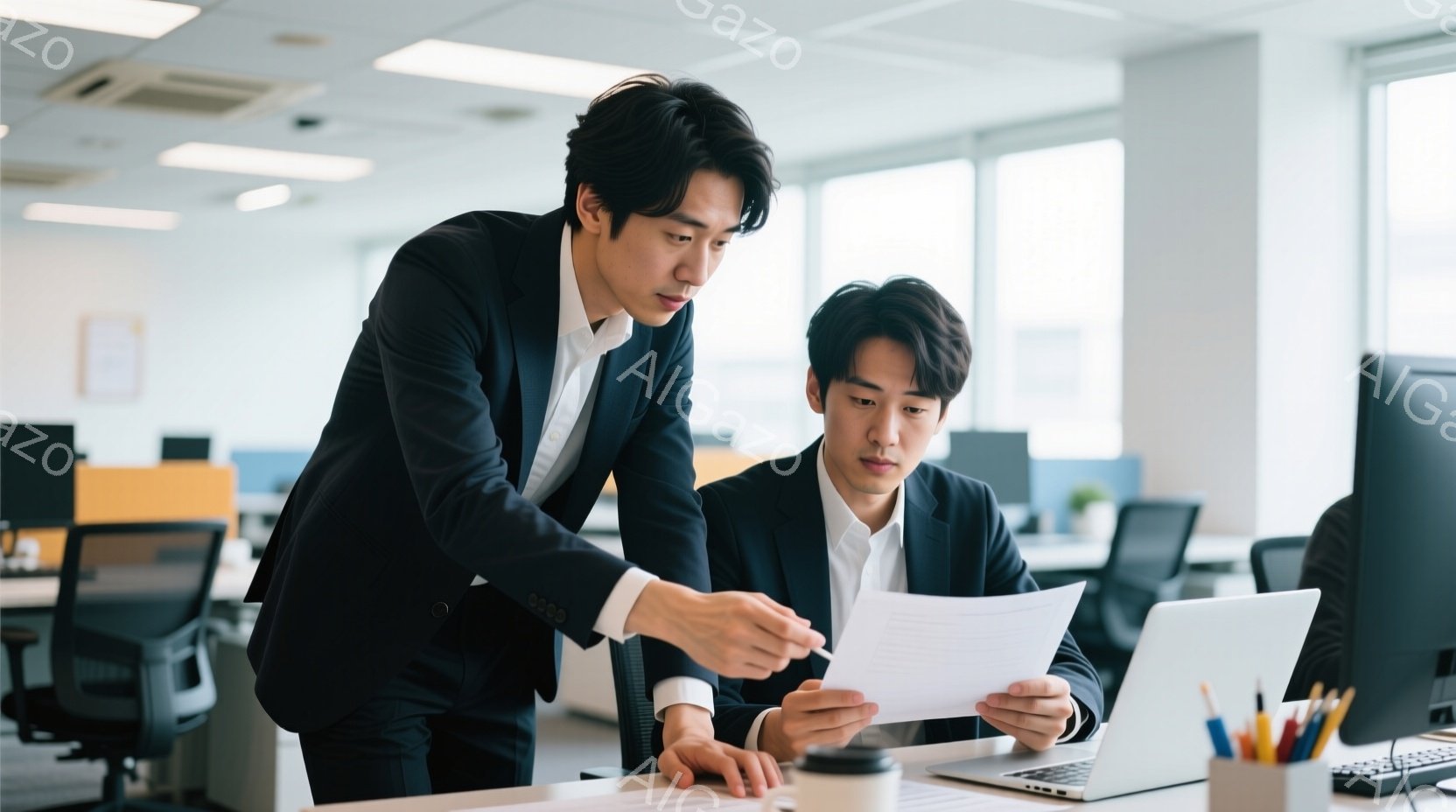 オフィスで書類を見ながら話している二人のビジネスマンが写っています。立っている方は黒いスーツに白いシャツ姿で、書類を指し示し、真剣な表情で何か説明しているようです。座っている方も黒いスーツに白いシャツ - AI生成フリー素材